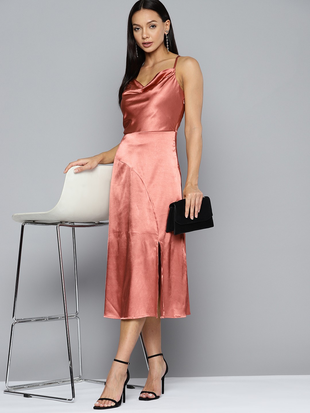 

Chemistry Cowl Neck Satin Slit A-Line Midi Dress, Peach