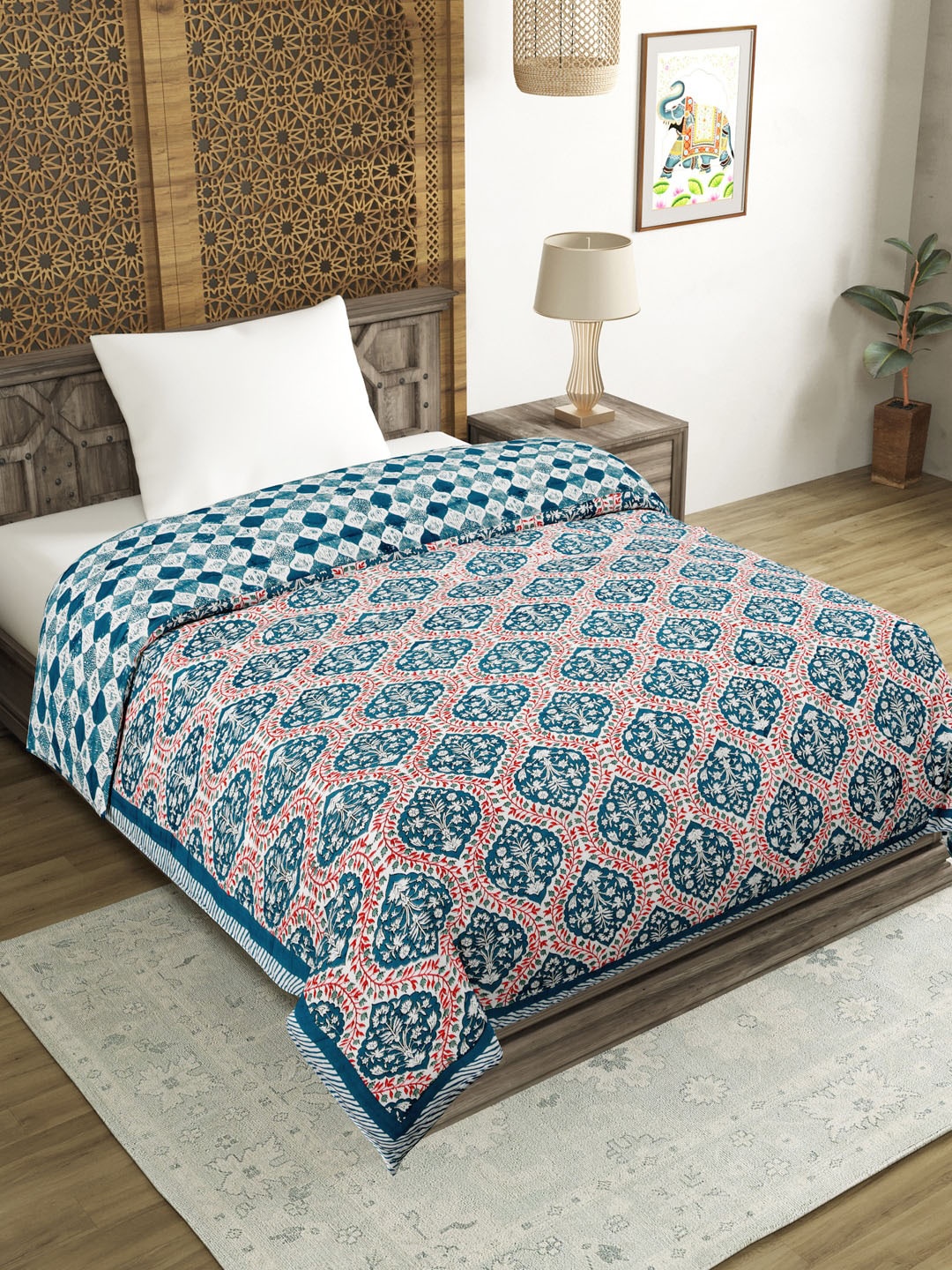 

BLOCKS OF INDIA Unisex Blue Printed 350 GSM Quilts