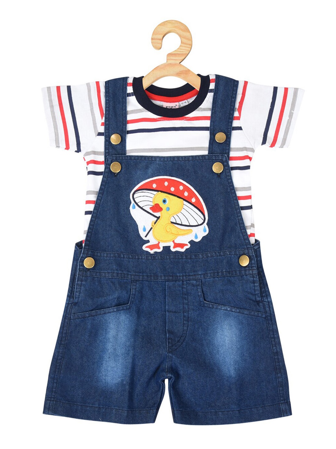 

POMY & JINNY Kids Blue Solid Cotton Denim Dungarees With T-shirt