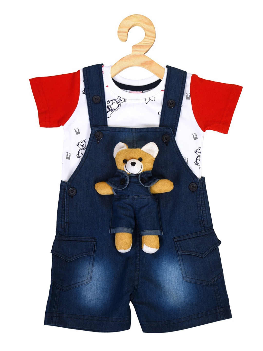 

POMY & JINNY Kids Blue Solid Cotton Denim Dungarees With T-Shirt
