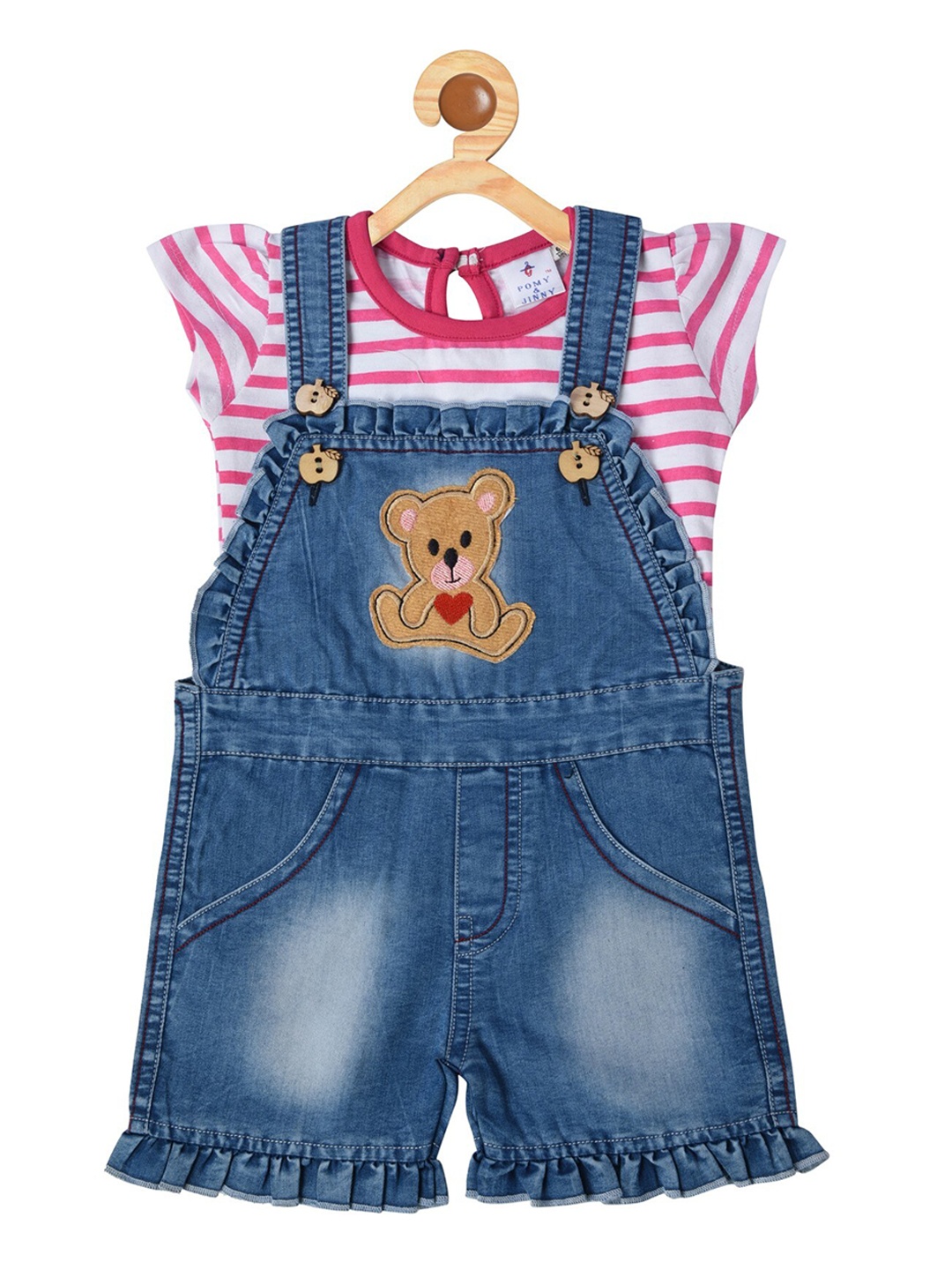 

POMY & JINNY Kids Blue Printed Cotton Denim Dungarees With T-Shirt