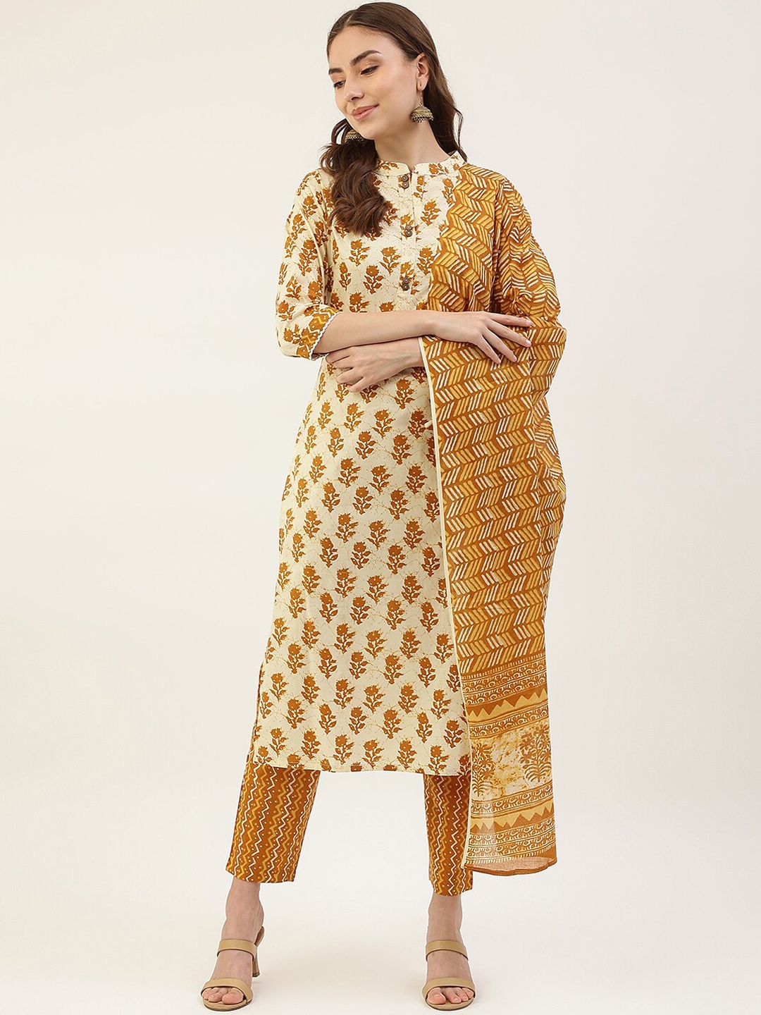 

FIORRA Women Mustard Yellow Ethnic Motifs Printed Pure Cotton Kurta with Trousers & With Dupatta