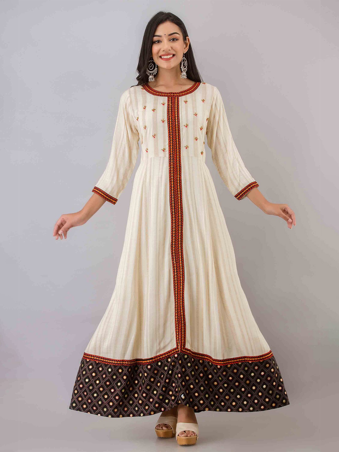 

KALINI Beige & Red Striped Embellished A-Line Maxi Dress
