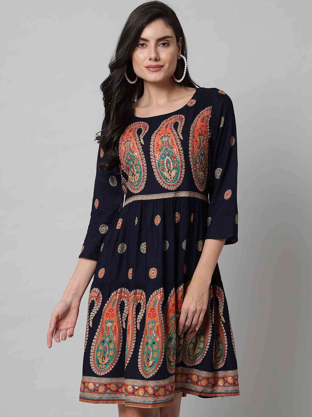 

KALINI Navy Blue & Orange Embellished Sequinned Ethnic Motifs Ethnic Dress