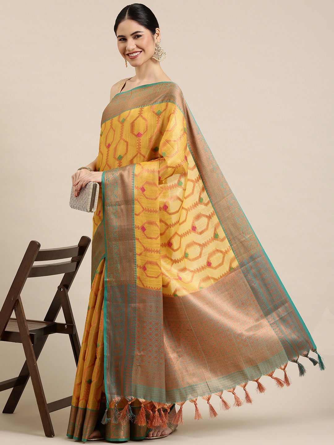 

Pothys Yellow & Teal Zari Jute Silk Saree