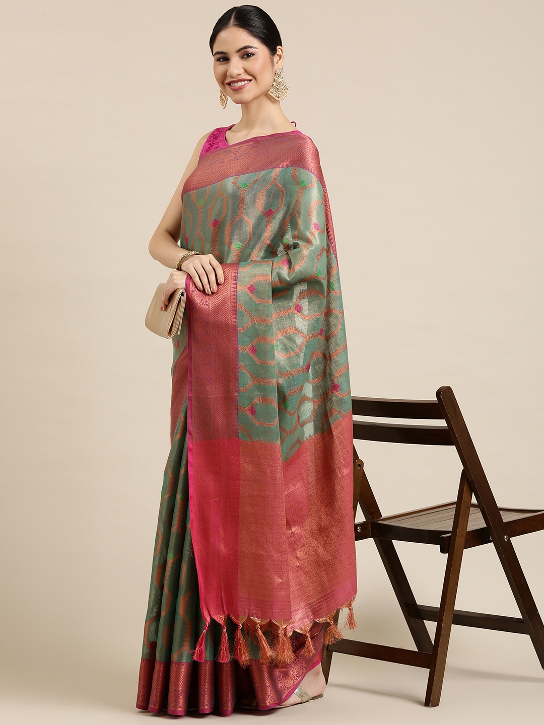 

Pothys Green & Red Zari Jute Silk Saree