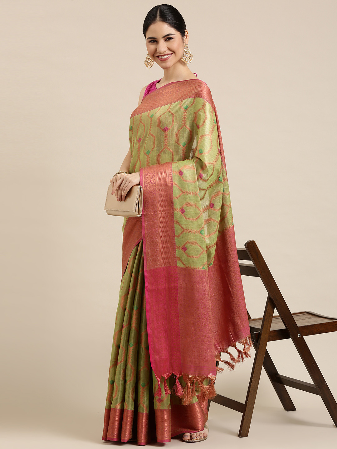 

Pothys Green & Red Zari Jute Silk Saree