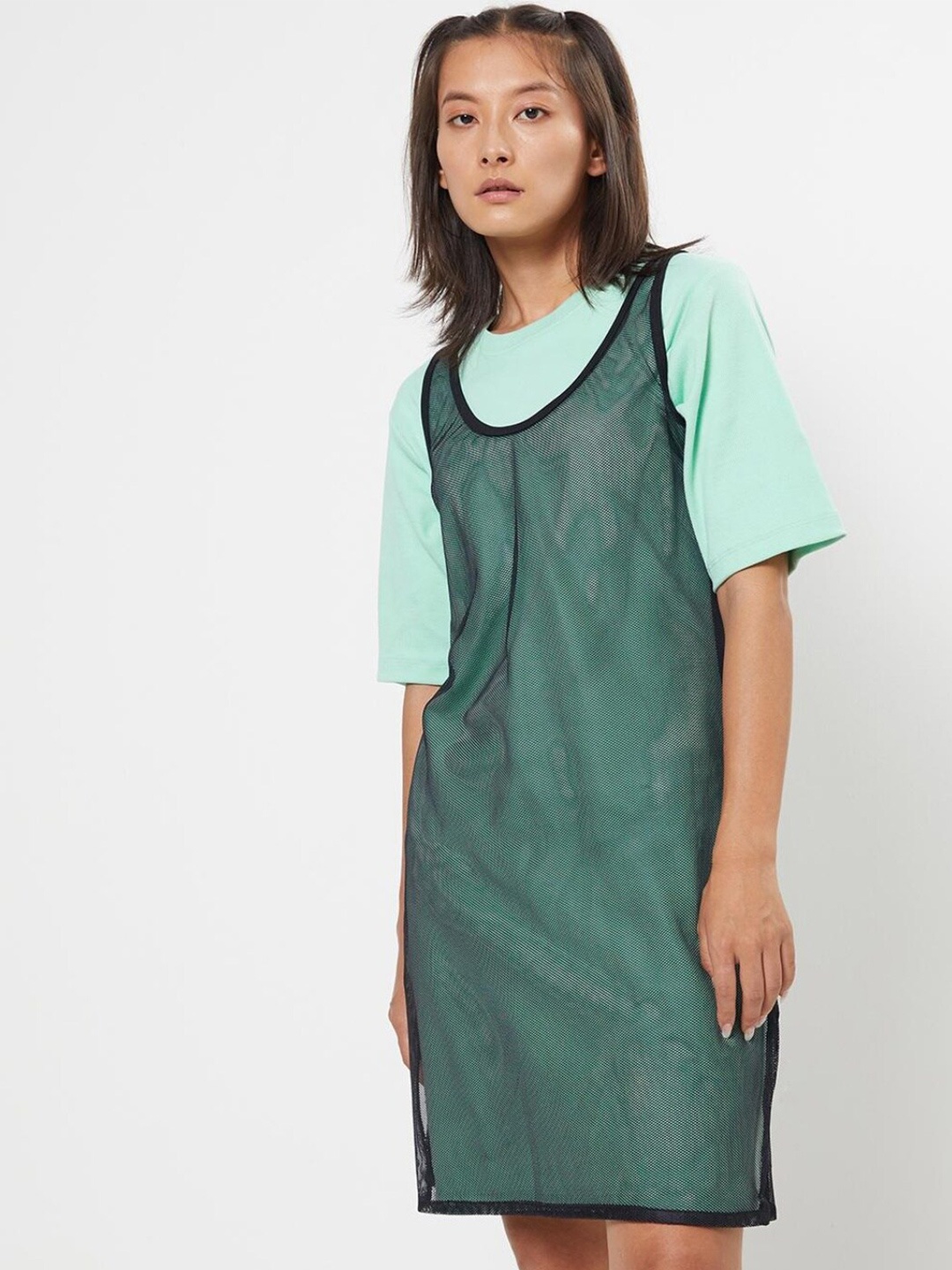 

Bewakoof Women Green A-Line Solid Round Neck Dress