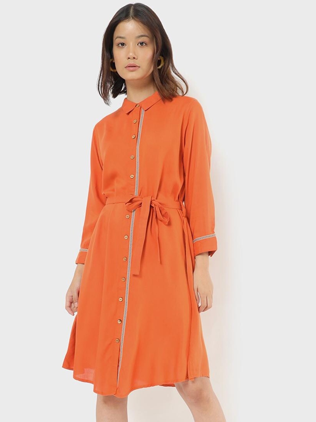 

Bewakoof Women Orange Solid Shirt Dress Shirt Dress