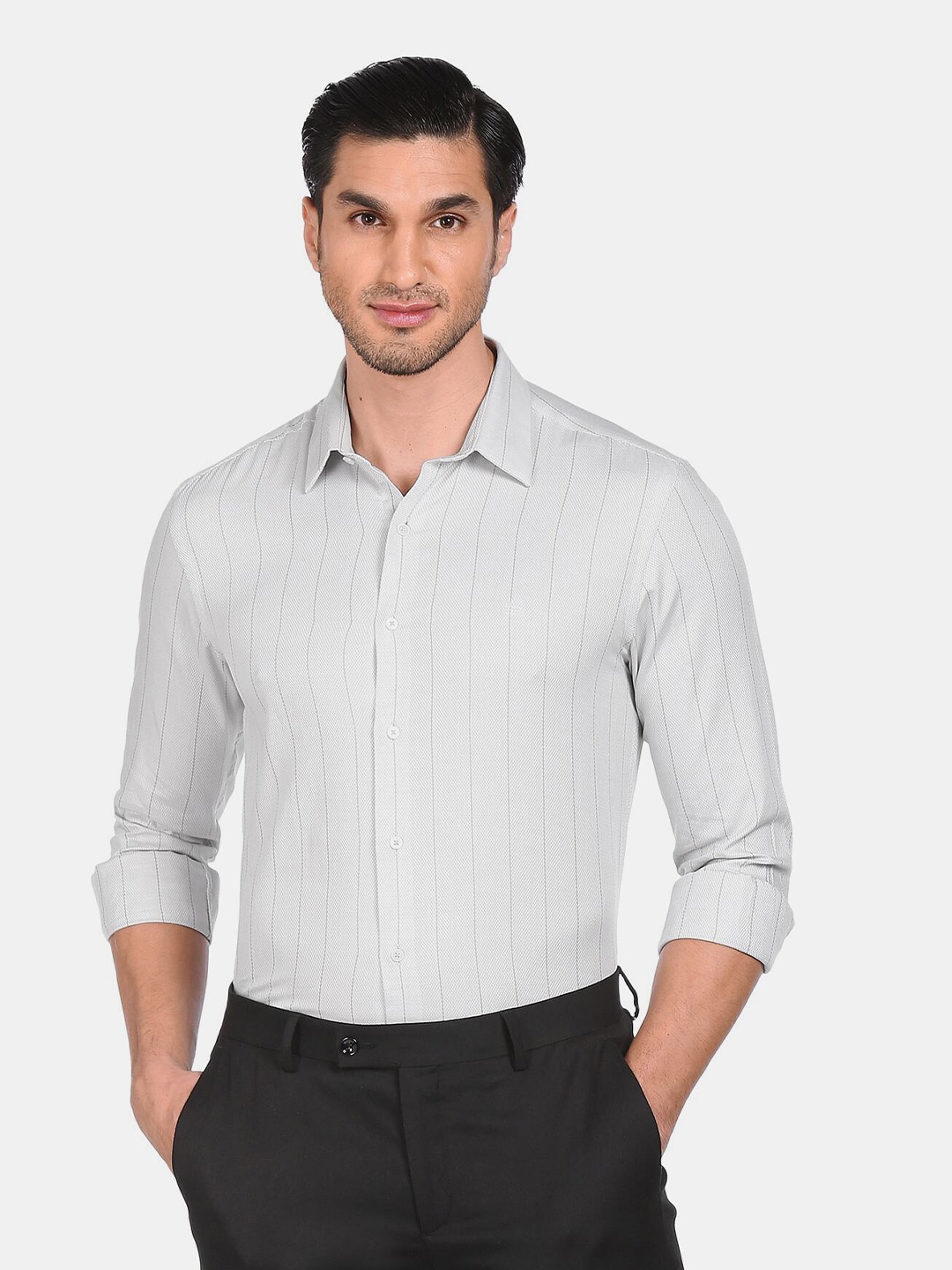 

Arrow Men Grey Slim Fit Striped Cotton Formal Shirt