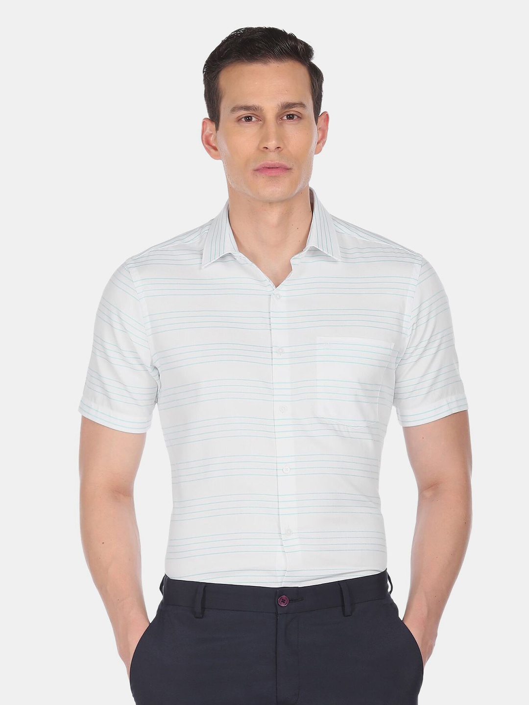 

Arrow Men White Horizontal Stripes Striped Cotton Formal Shirt