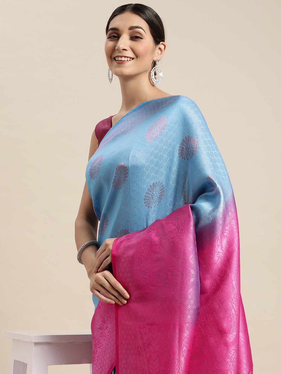 

Pothys Blue & Pink Floral Art Silk Banarasi Saree