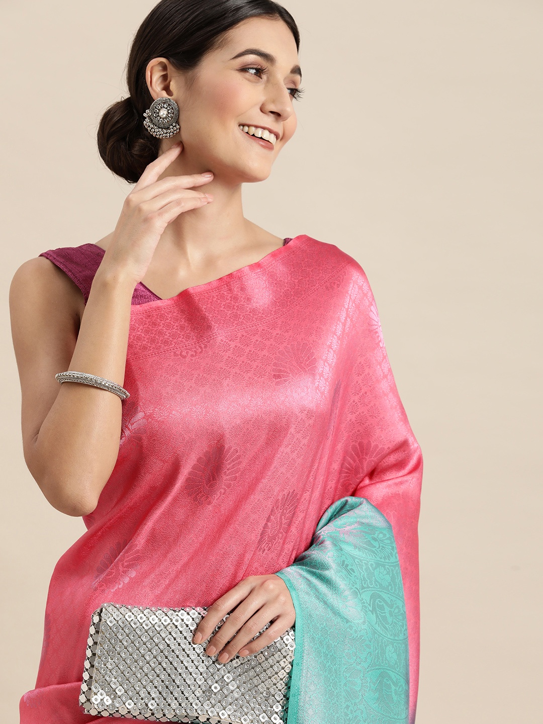 

Pothys Pink & Blue Woven Design Art Silk Banarasi Saree