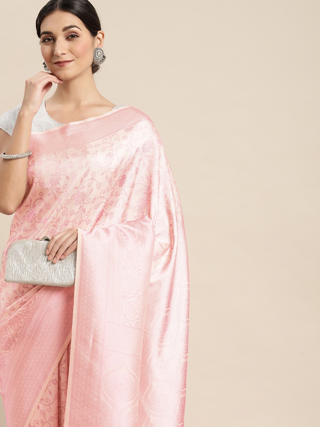 

Pothys Pink Floral Art Silk Banarasi Saree