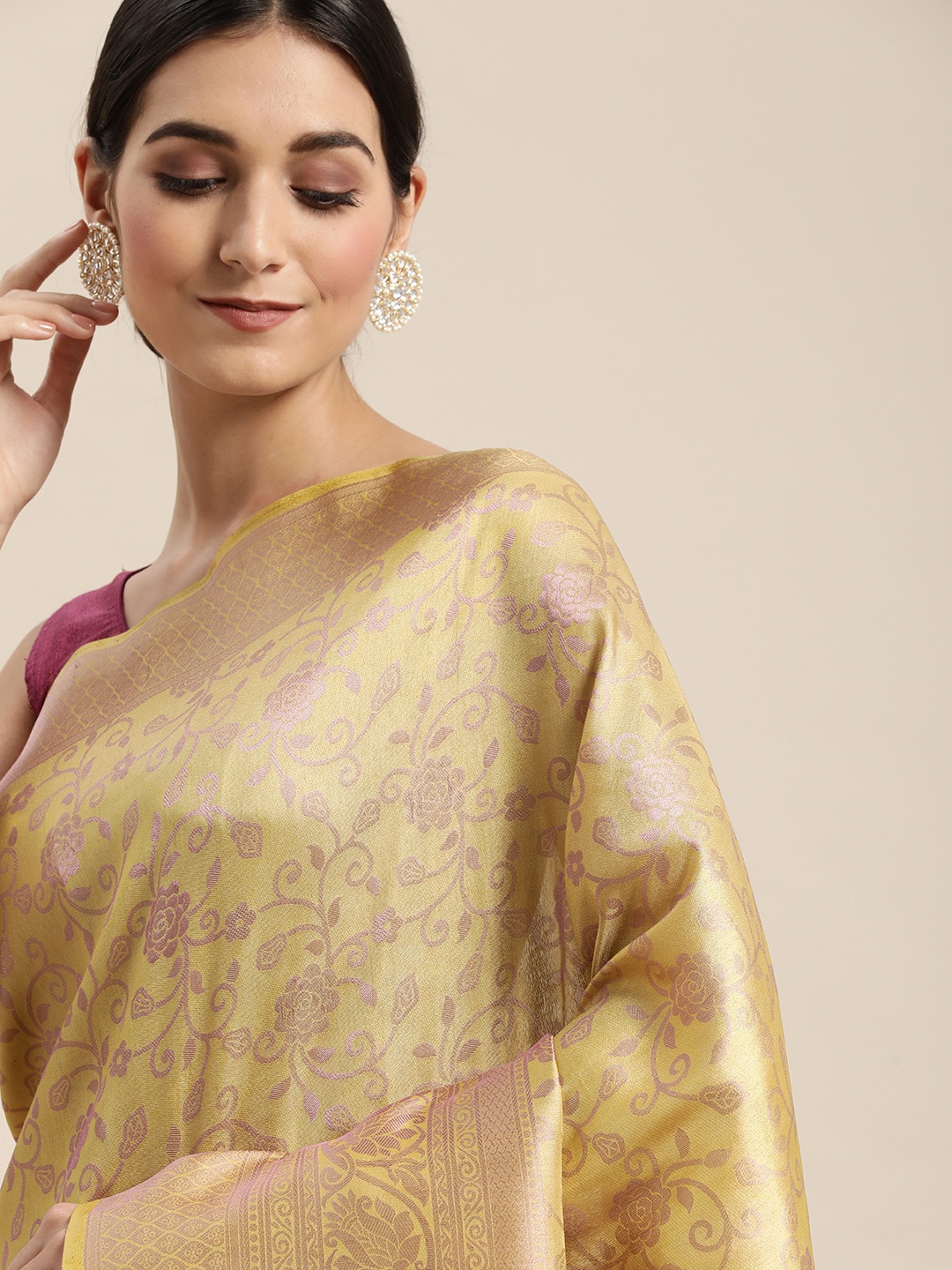

Pothys Green & Pink Floral Art Silk Banarasi Saree