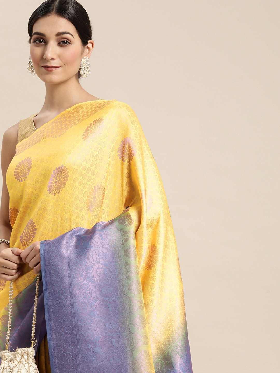 

Pothys Yellow & Blue Woven Design Art Silk Banarasi Saree