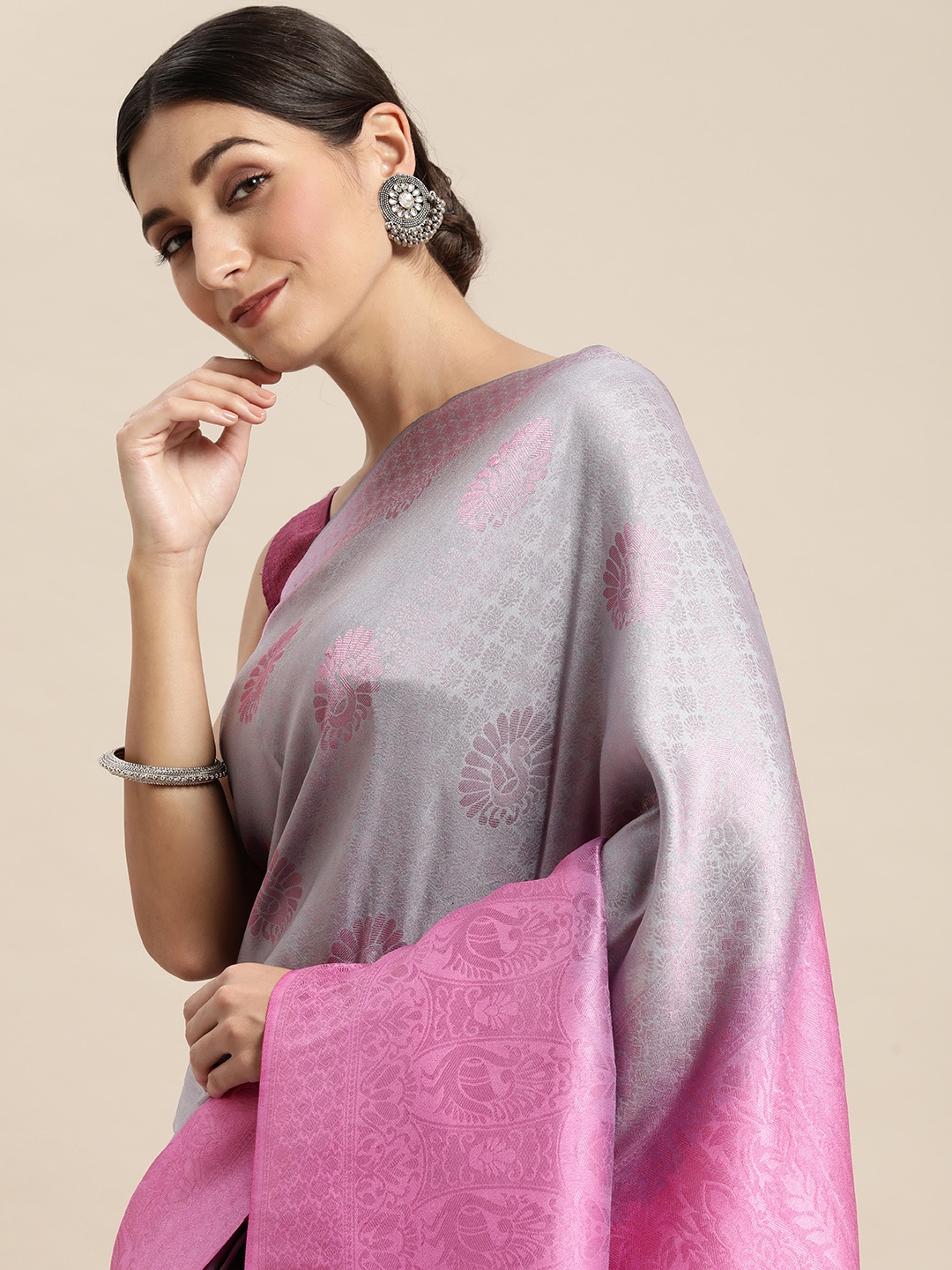 

Pothys Grey & Pink Woven Design Art Silk Banarasi Saree