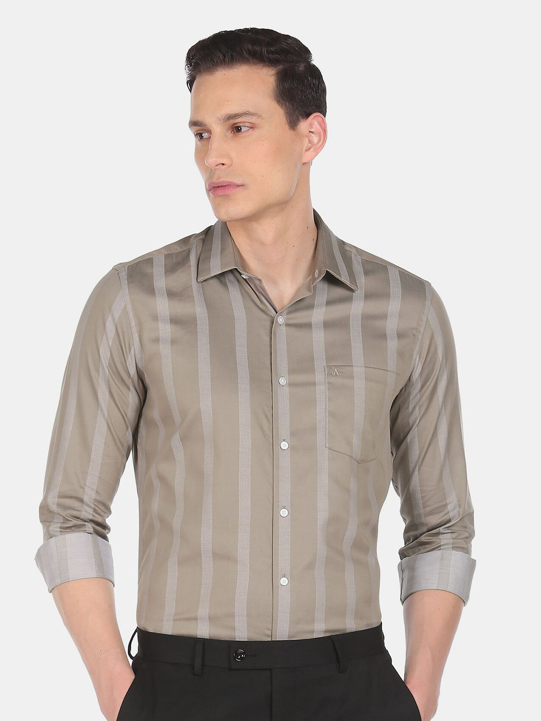 

Arrow New York Men Brown Pure Cotton Slim Fit Striped Formal Shirt
