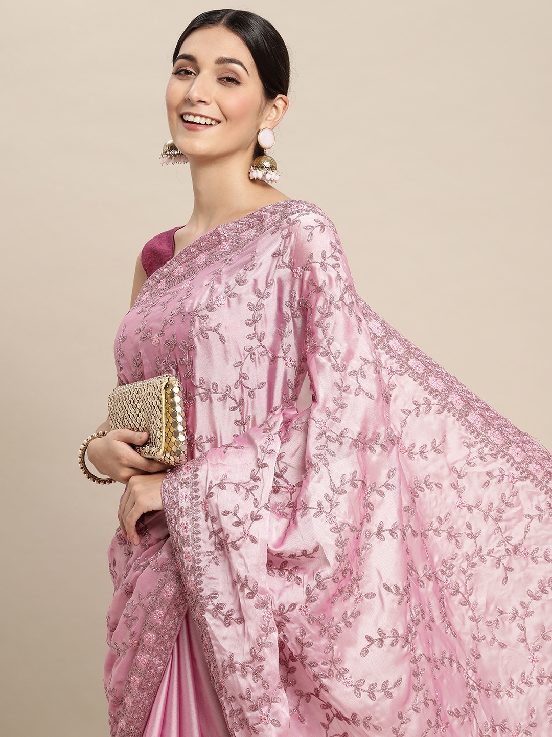 

Pothys Pink Floral Beads and Stones Pure Chiffon Saree