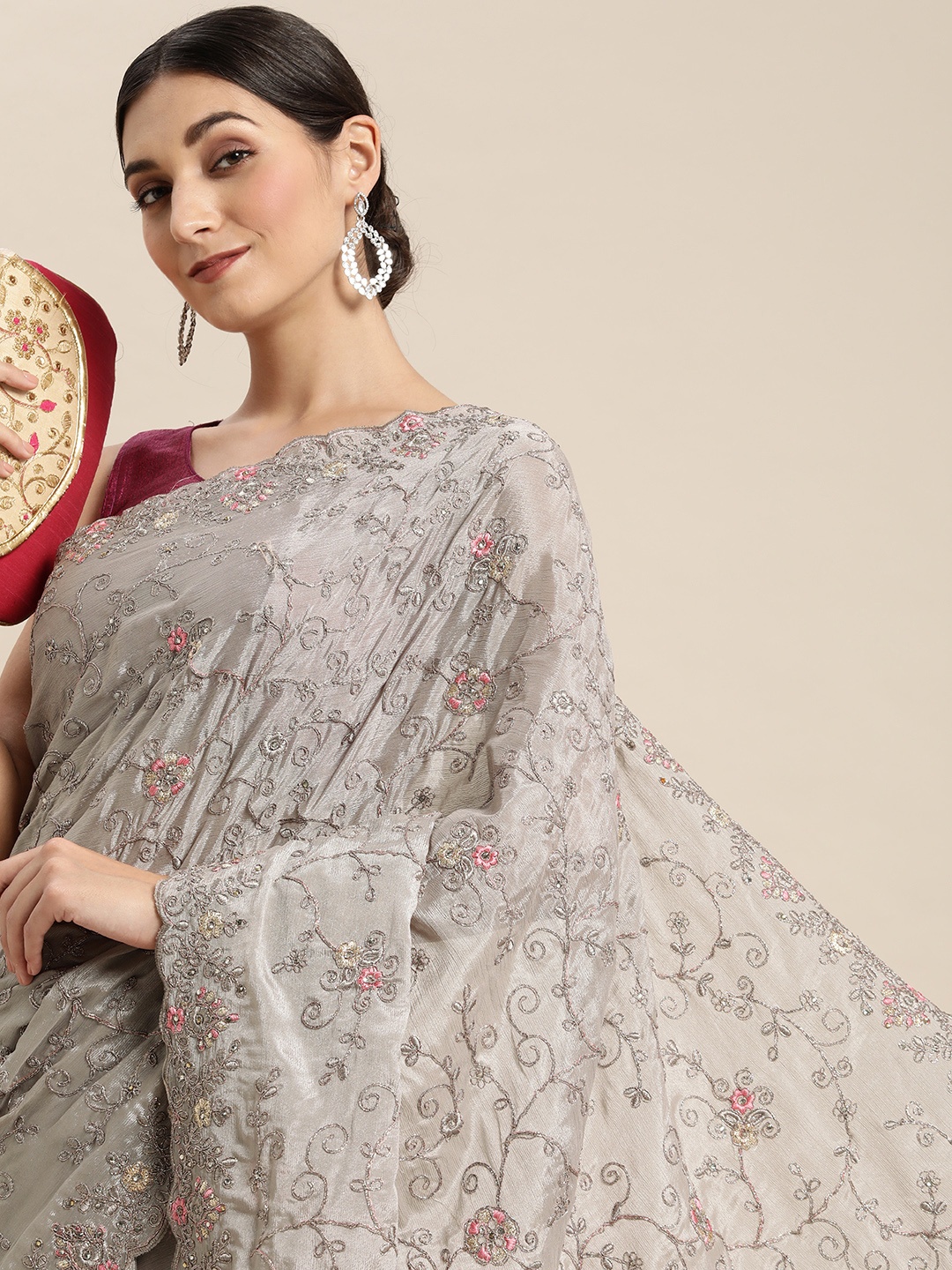 

Pothys Grey Floral Beads and Stones Pure Chiffon Saree