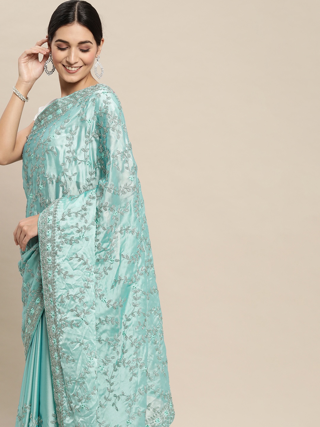 

Pothys Blue Floral Beads and Stones Pure Chiffon Saree