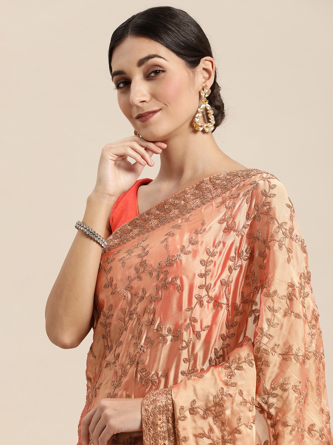 

Pothys Peach-Coloured Floral Zardozi Pure Chiffon Saree