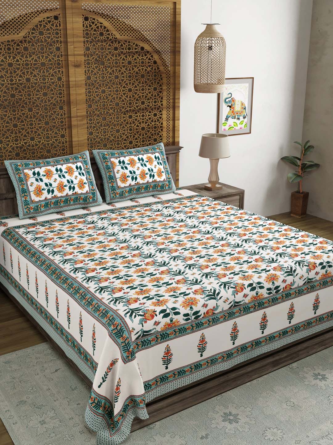 

BLOCKS OF INDIA Green & Orange Ethnic Motifs 210 TC King Bedsheet with 2 Pillow Covers