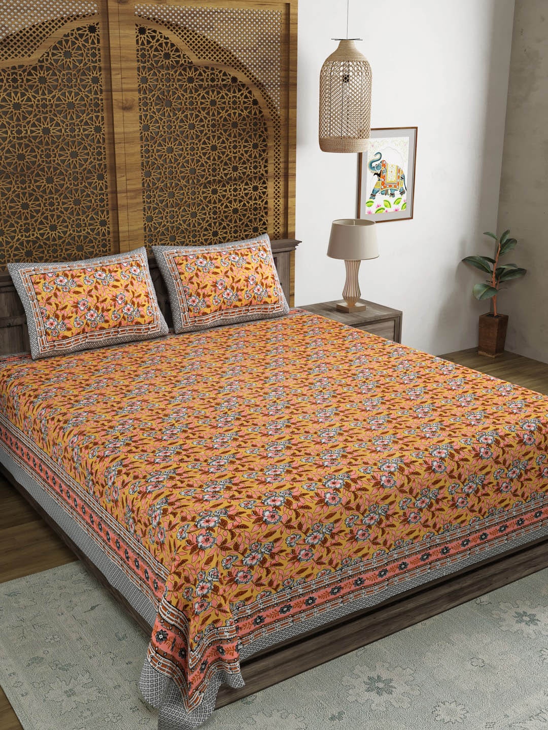 

BLOCKS OF INDIA Mustard & White Floral 210 TC King Bedsheet with 2 Pillow Covers