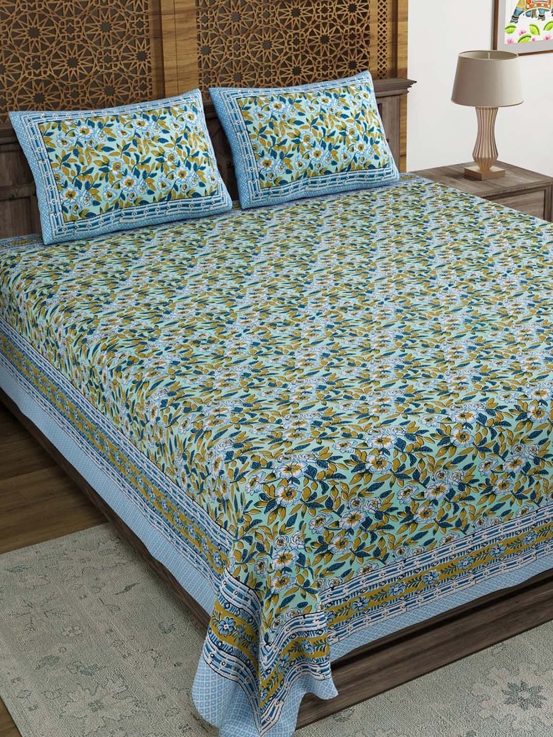 

BLOCKS OF INDIA Blue & Green Floral 210 TC King Bedsheet with 2 Pillow Covers