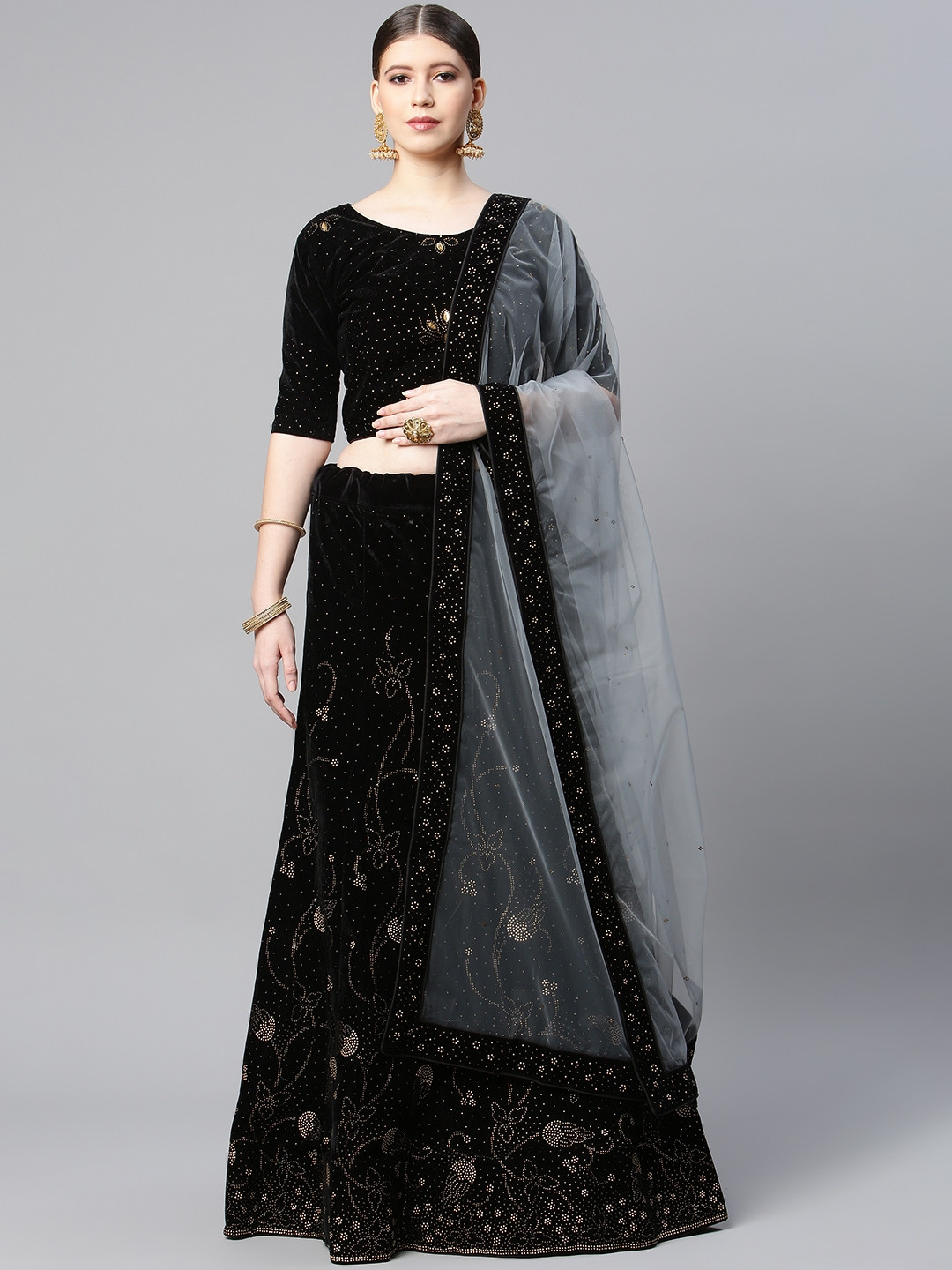 

CAMPAIGN TRENDS Black & Gold-Toned Semi-Stitched Lehenga & Unstitched Blouse With Dupatta