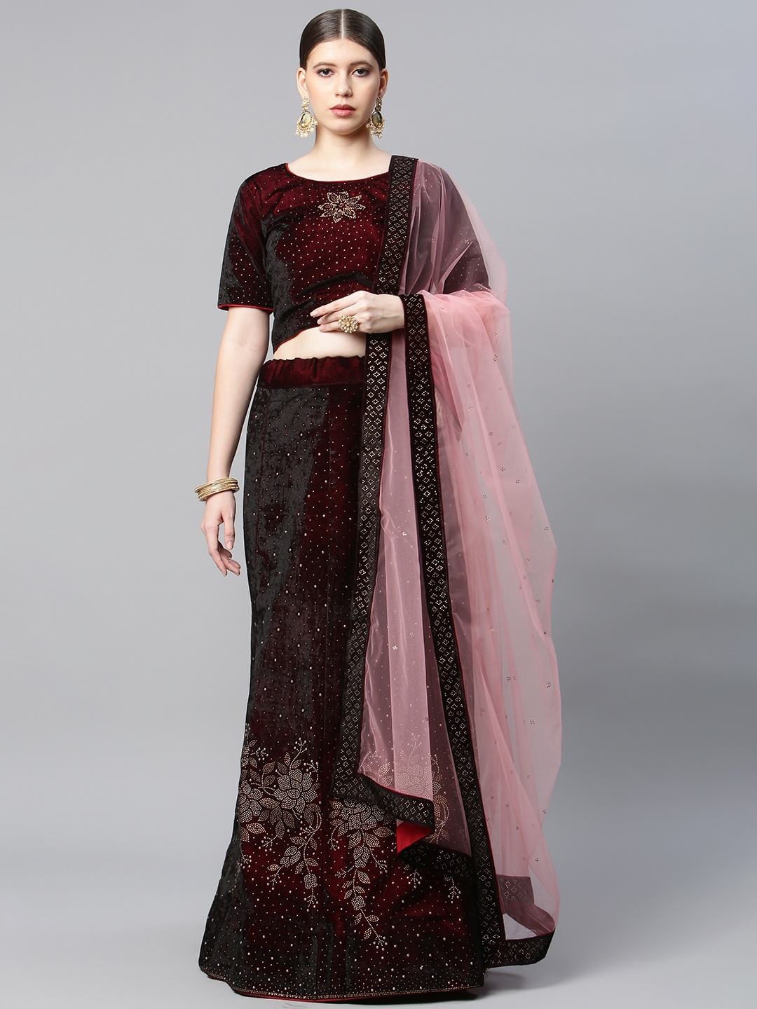 

CAMPAIGN TRENDS Maroon & Silver-Toned Semi-Stitched Lehenga & Unstitched Blouse & Dupatta