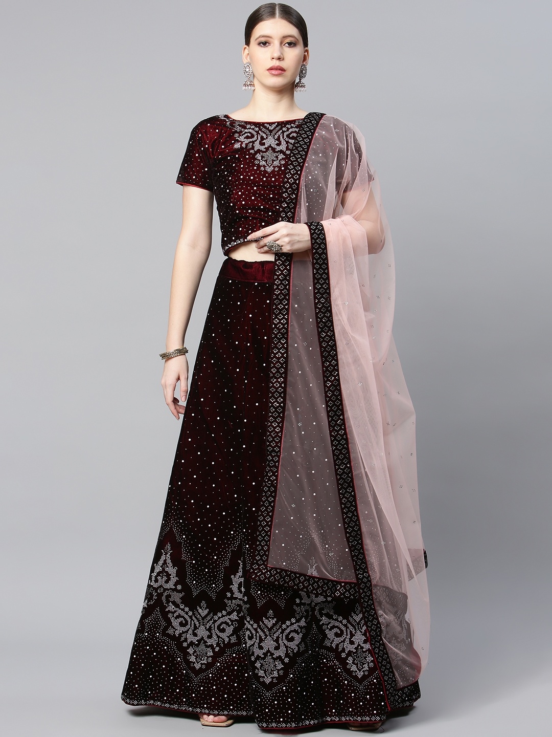 

CAMPAIGN TRENDS Maroon & Silver-Toned Semi-Stitched Lehenga & Unstitched Blouse & Dupatta