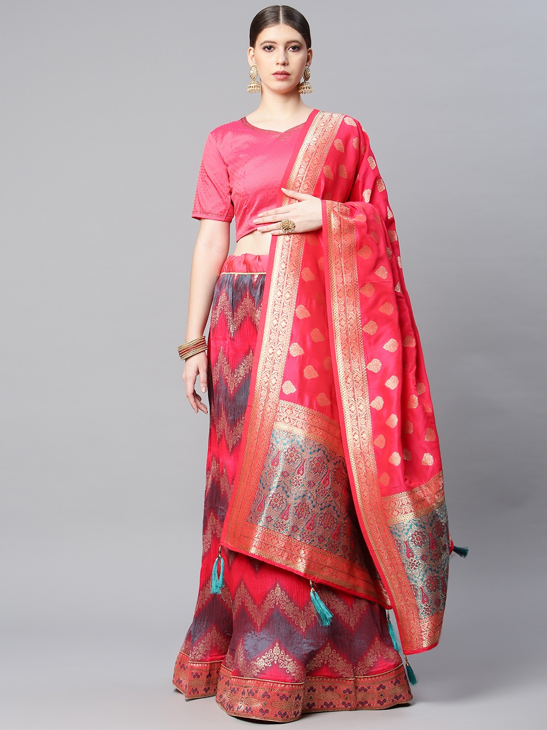 

CAMPAIGN TRENDS Pink & Gold-Toned Semi-Stitched Lehenga & Unstitched Blouse With Dupatta