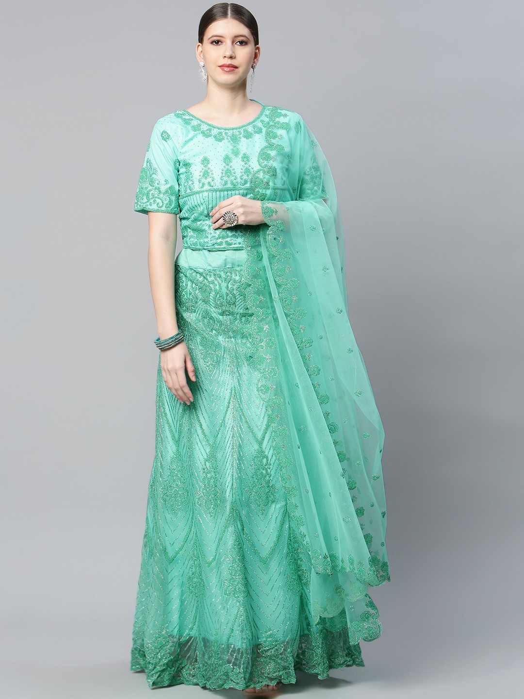 

CAMPAIGN TRENDS Sea Green Embellished Semi-Stitched Lehenga & Unstitched Blouse & Dupatta