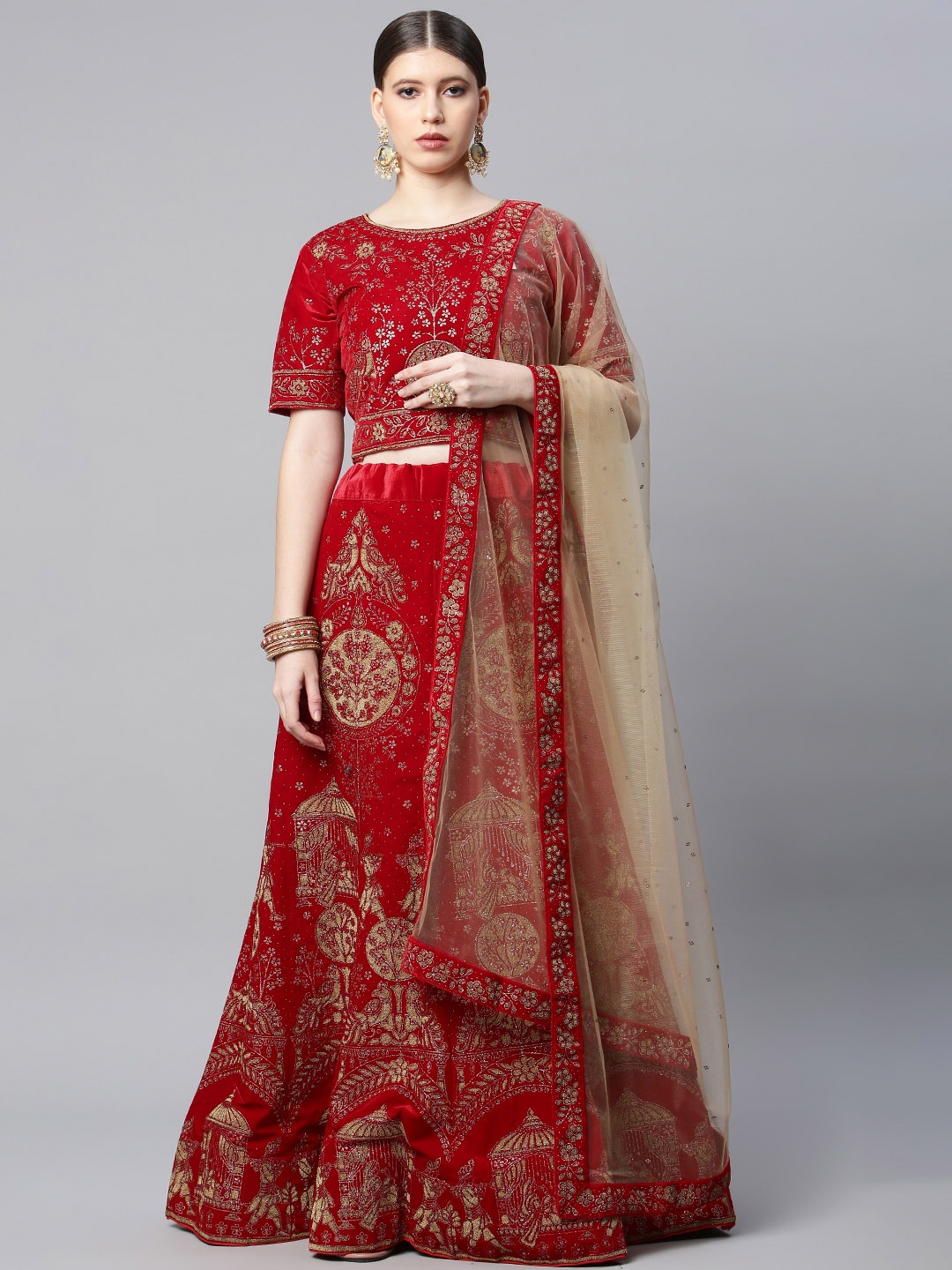 

CAMPAIGN TRENDS Red & Gold-Toned Semi-Stitched Lehenga & Unstitched Blouse With Dupatta