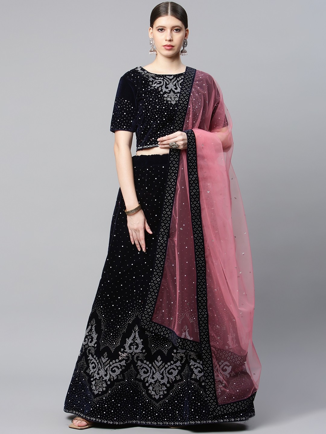 

CAMPAIGN TRENDS Navy Blue & Silver-Toned Semi-Stitched Lehenga & Blouse With Dupatta