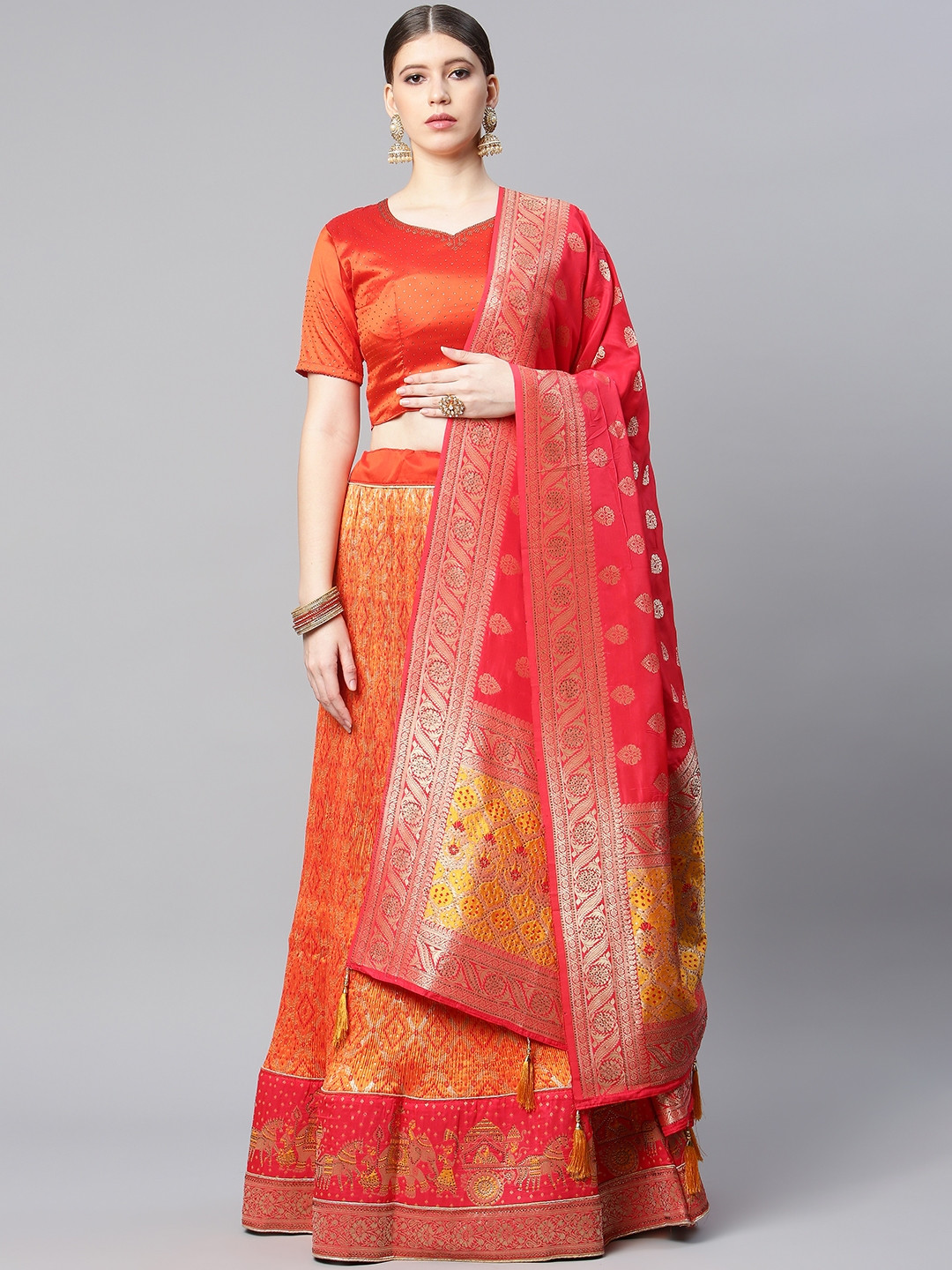 

CAMPAIGN TRENDS Coral & Pink Semi-Stitched Lehenga & Unstitched Blouse With Dupatta