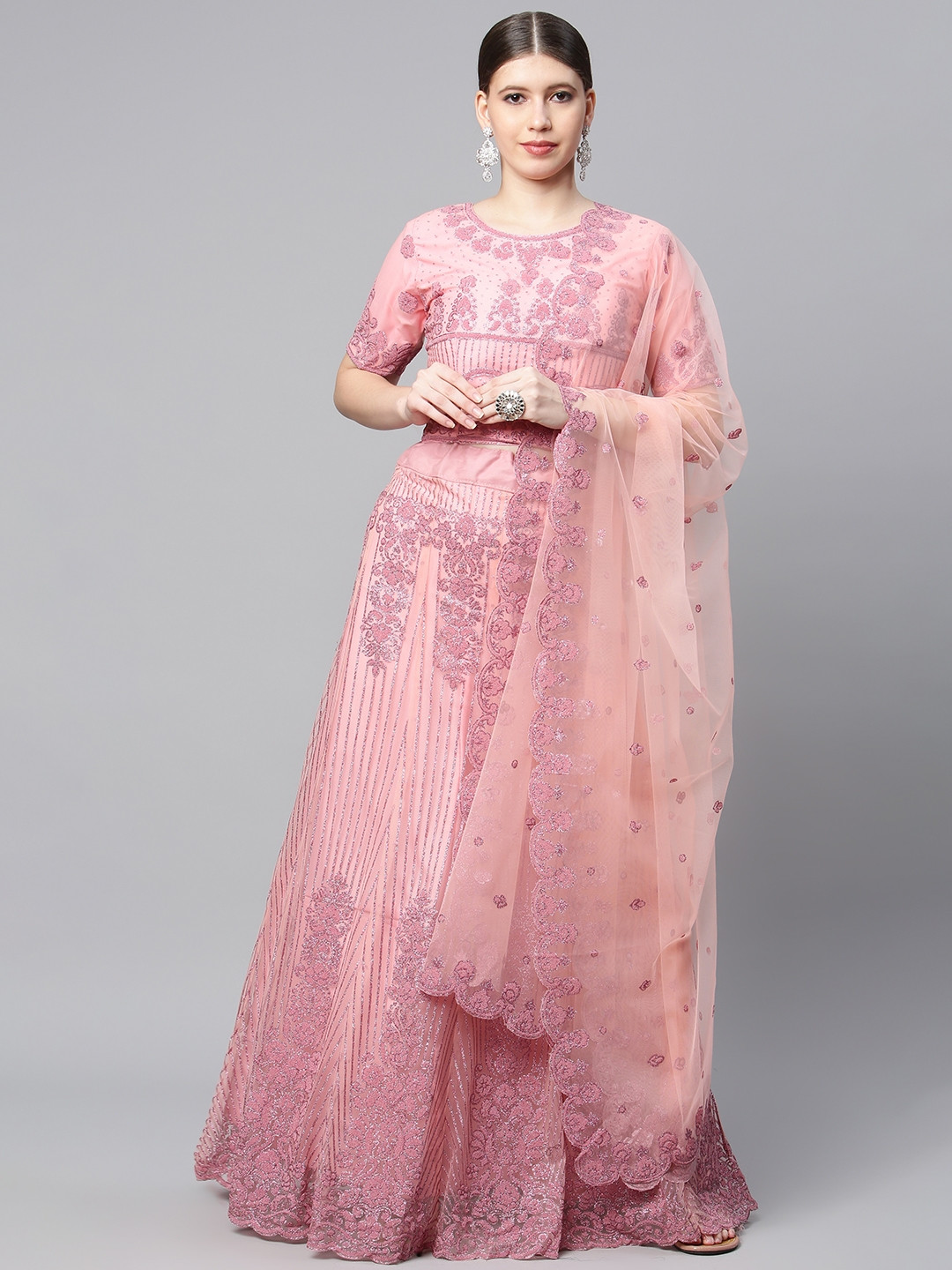 

CAMPAIGN TRENDS Pink Embellished Semi-Stitched Lehenga & Unstitched Blouse With Dupatta