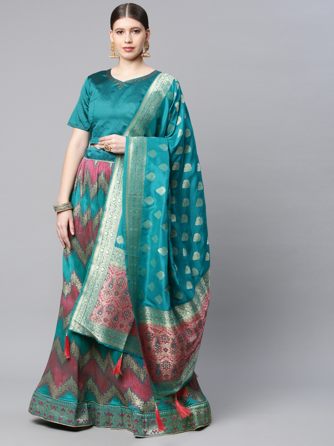 

CAMPAIGN TRENDS Sea Green & Gold-Toned Semi-Stitched Lehenga & Unstitched Blouse