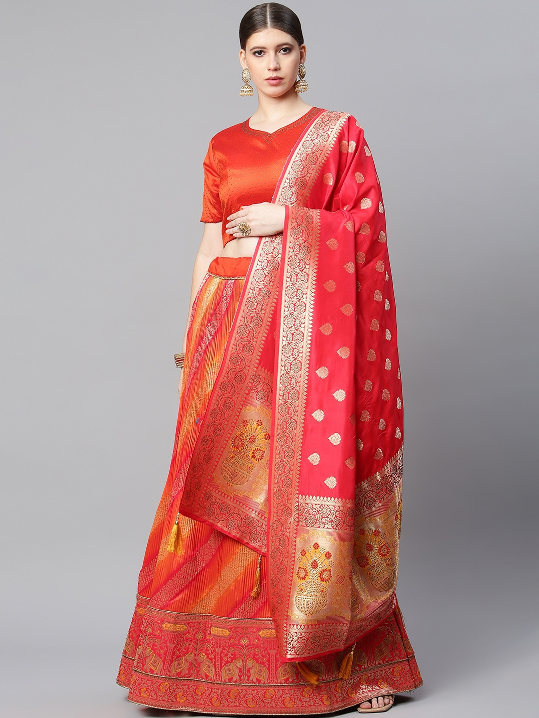

CAMPAIGN TRENDS Coral Orange & Pink Semi-Stitched Lehenga & Unstitched Blouse & Dupatta