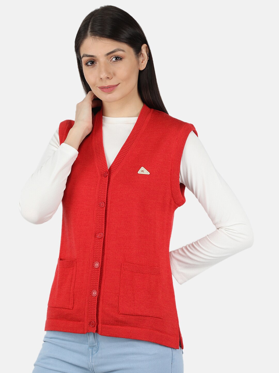 

Monte Carlo Women Red Solid V-Neck Cardigan