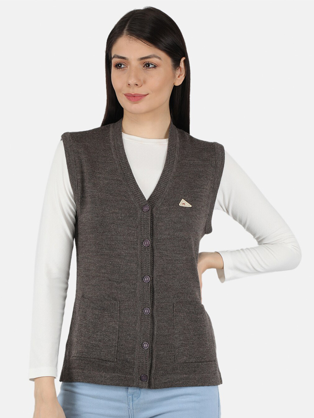 

Monte Carlo Women Grey Melange Pure Wool V-Neck Cardigan