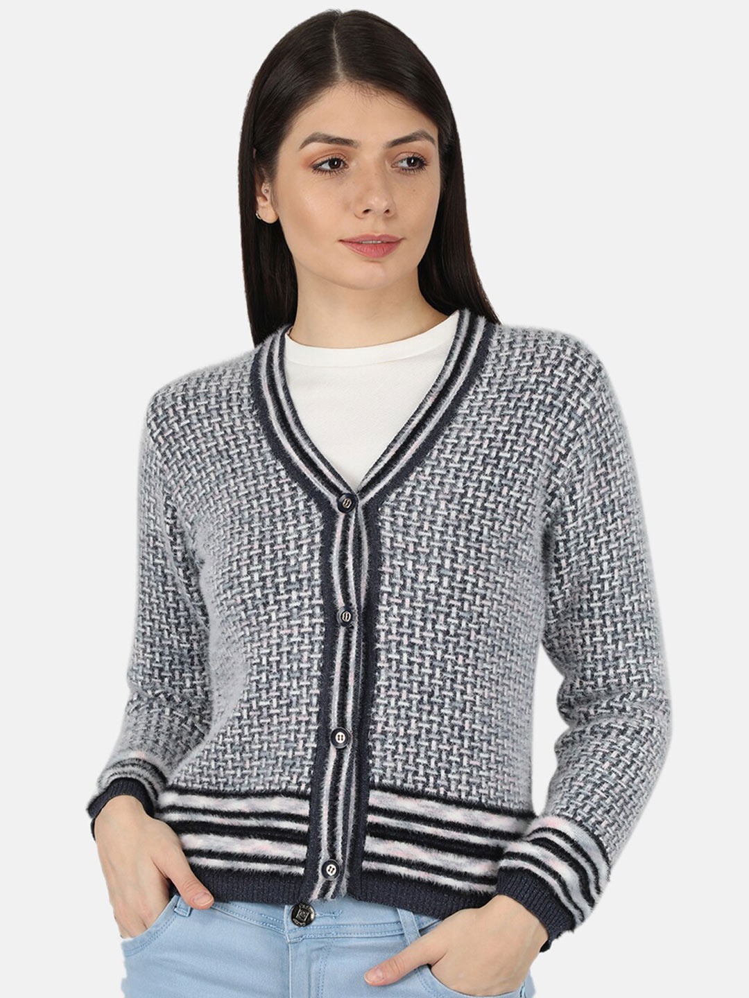 

Monte Carlo Women Grey & White Cable Knit Cardigan Sweater