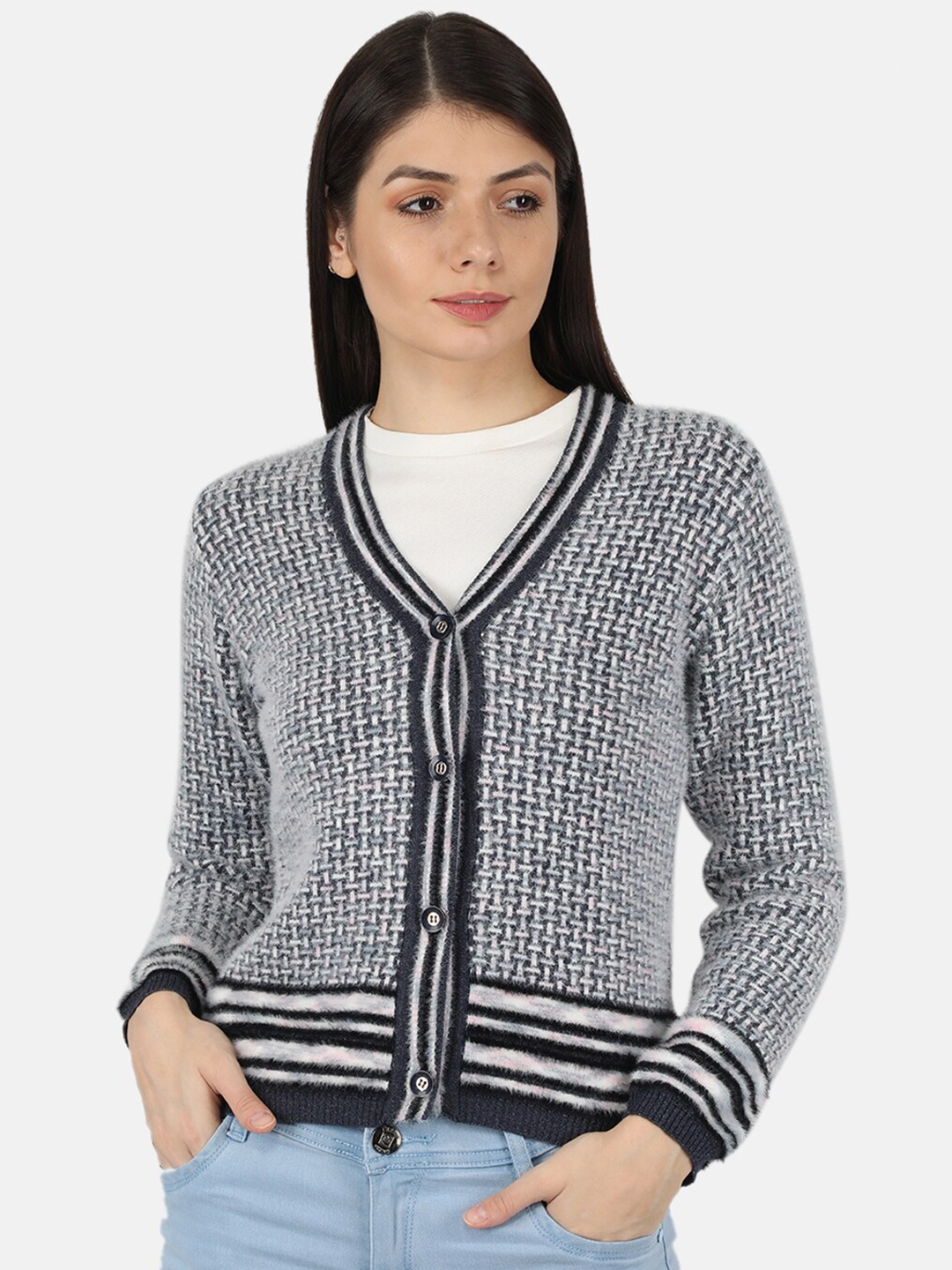 

Monte Carlo Women Grey & White Cable Knit Cardigan Sweater