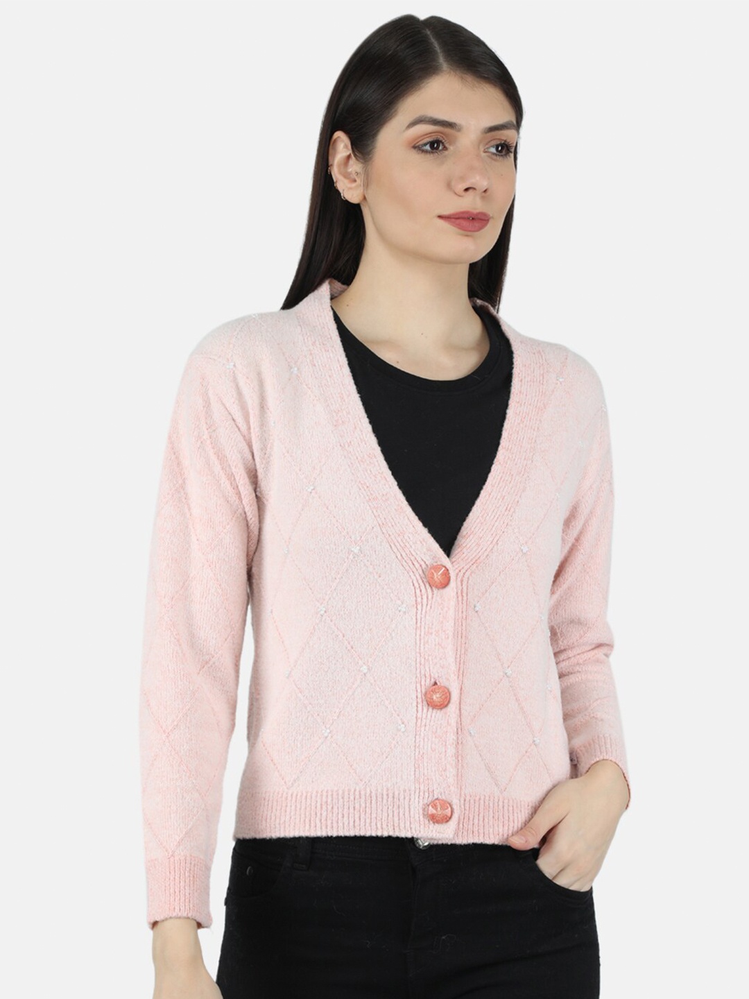 

Monte Carlo Women Pink Cable Knit Cardigan Sweater