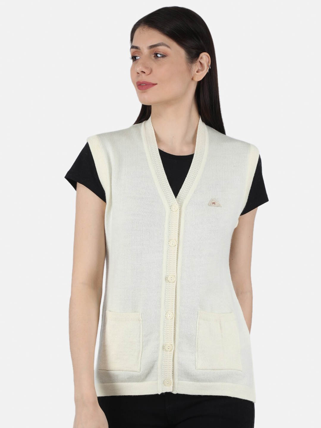 

Monte Carlo Women Off White Solid V-Neck Pure Wool Cardigan