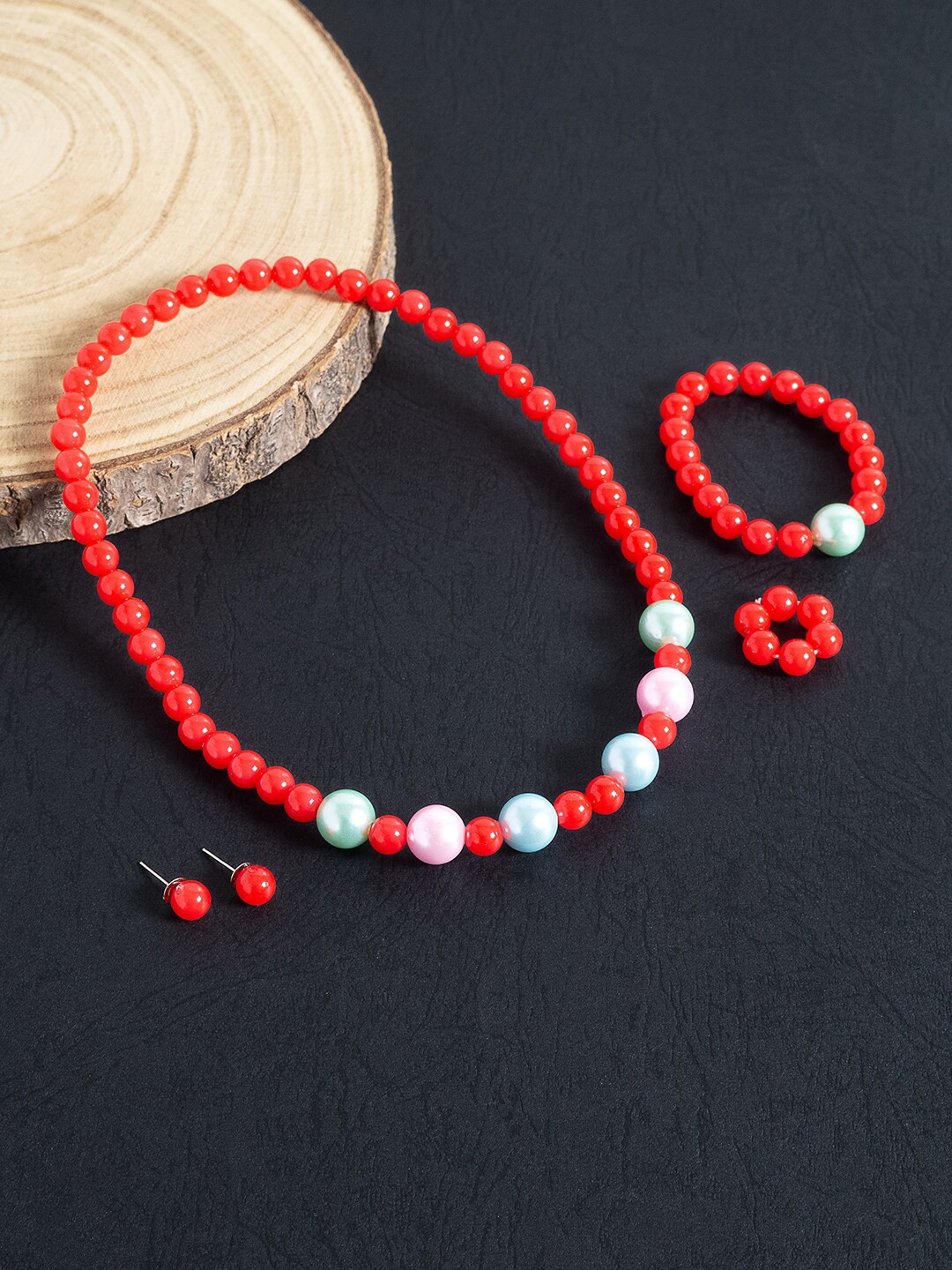 

Golden Peacock Girls Red & White Beaded Jewellery Set