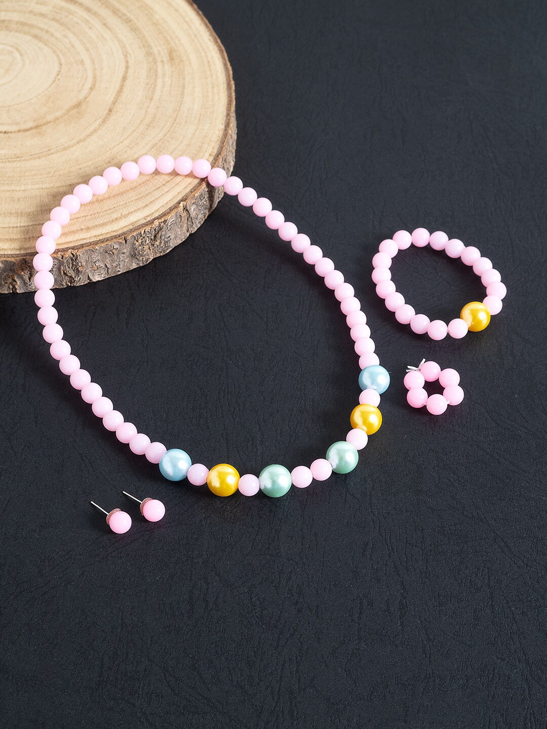 

Golden Peacock Girls Pink Beaded Handcrafted Jewellery Set