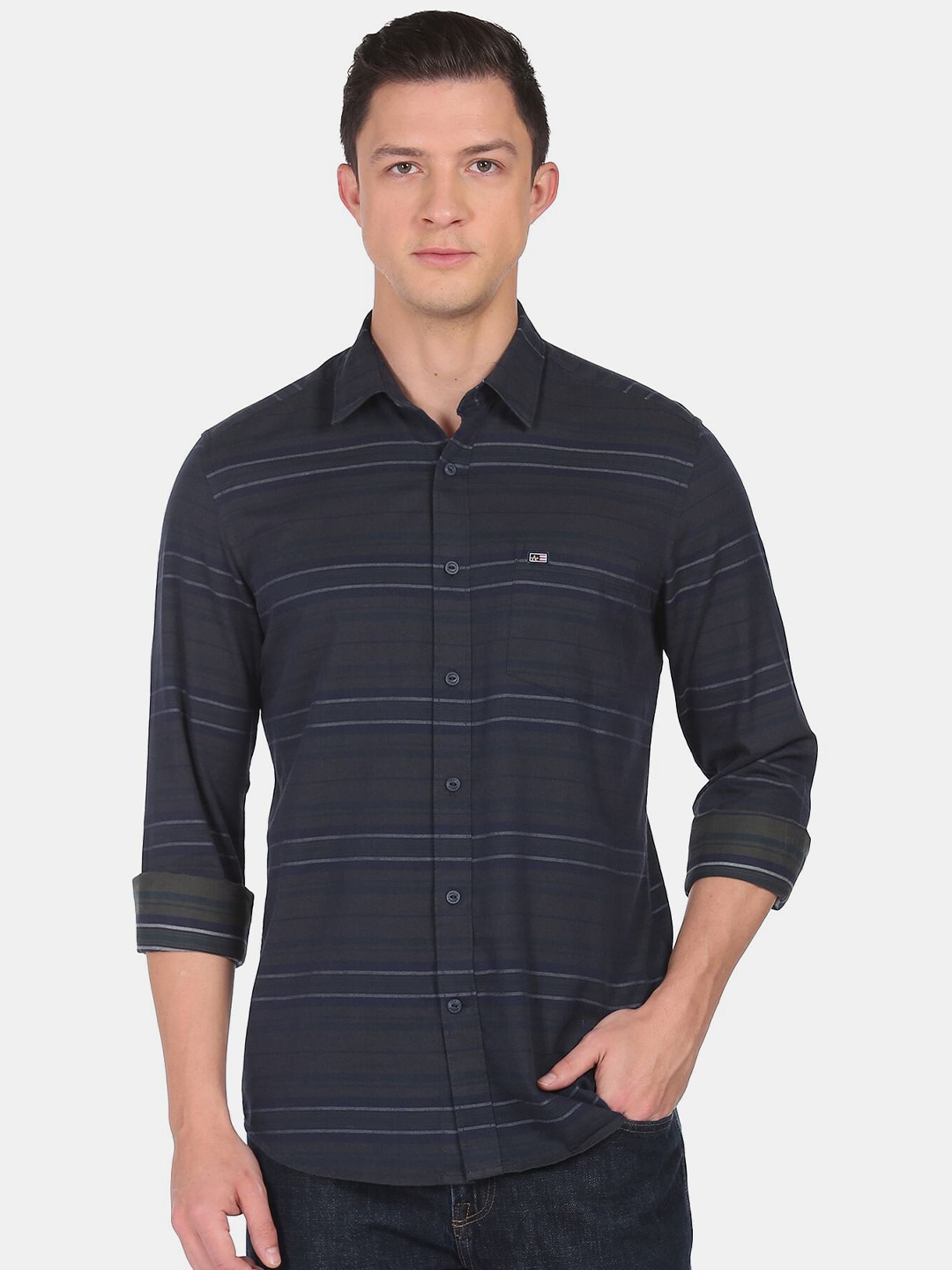 

Arrow Sport Men Navy Blue Slim Fit Horizontal Striped Casual Shirt