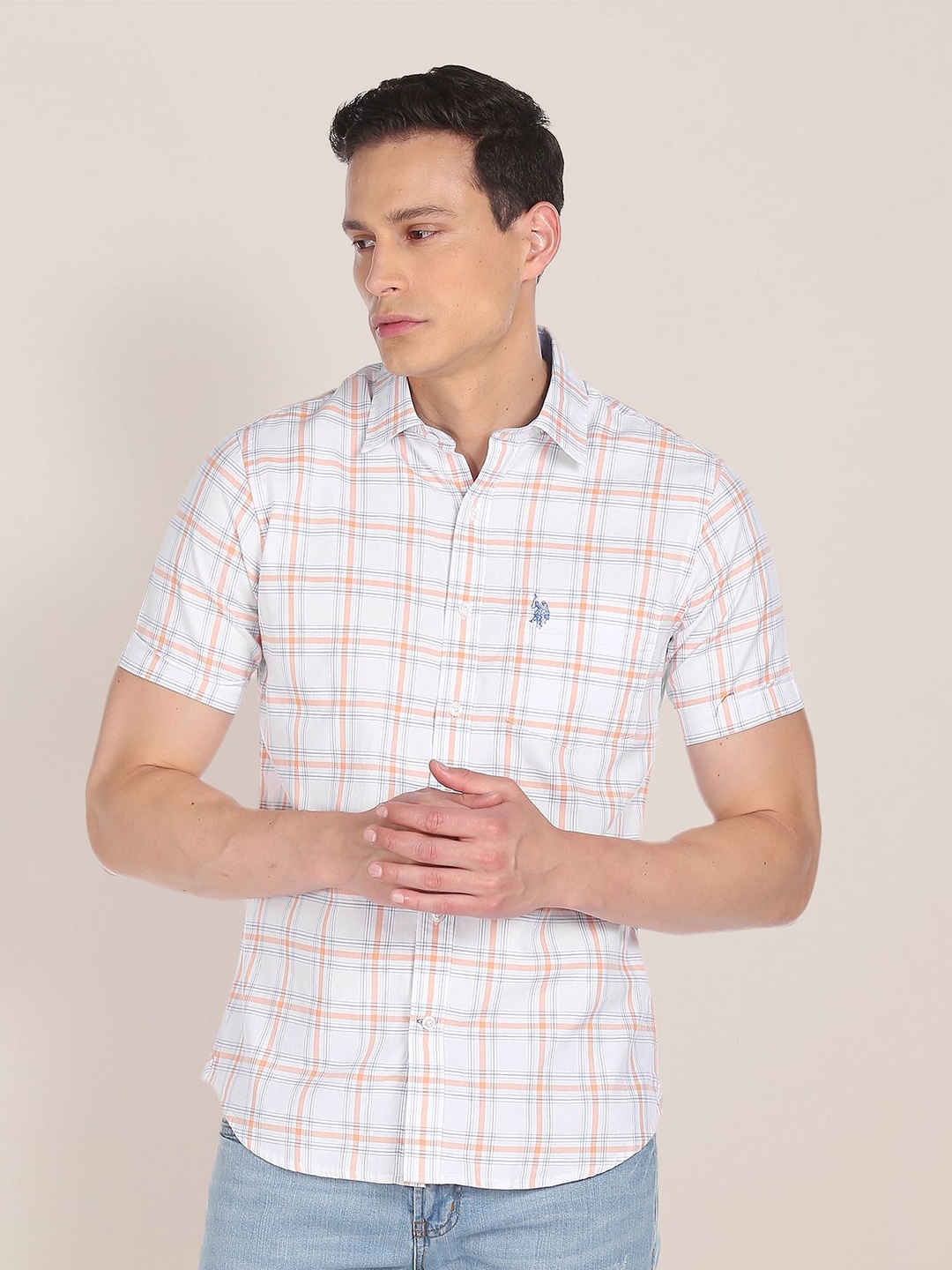 

U S Polo Assn Men White Cotton Checked Casual Shirt